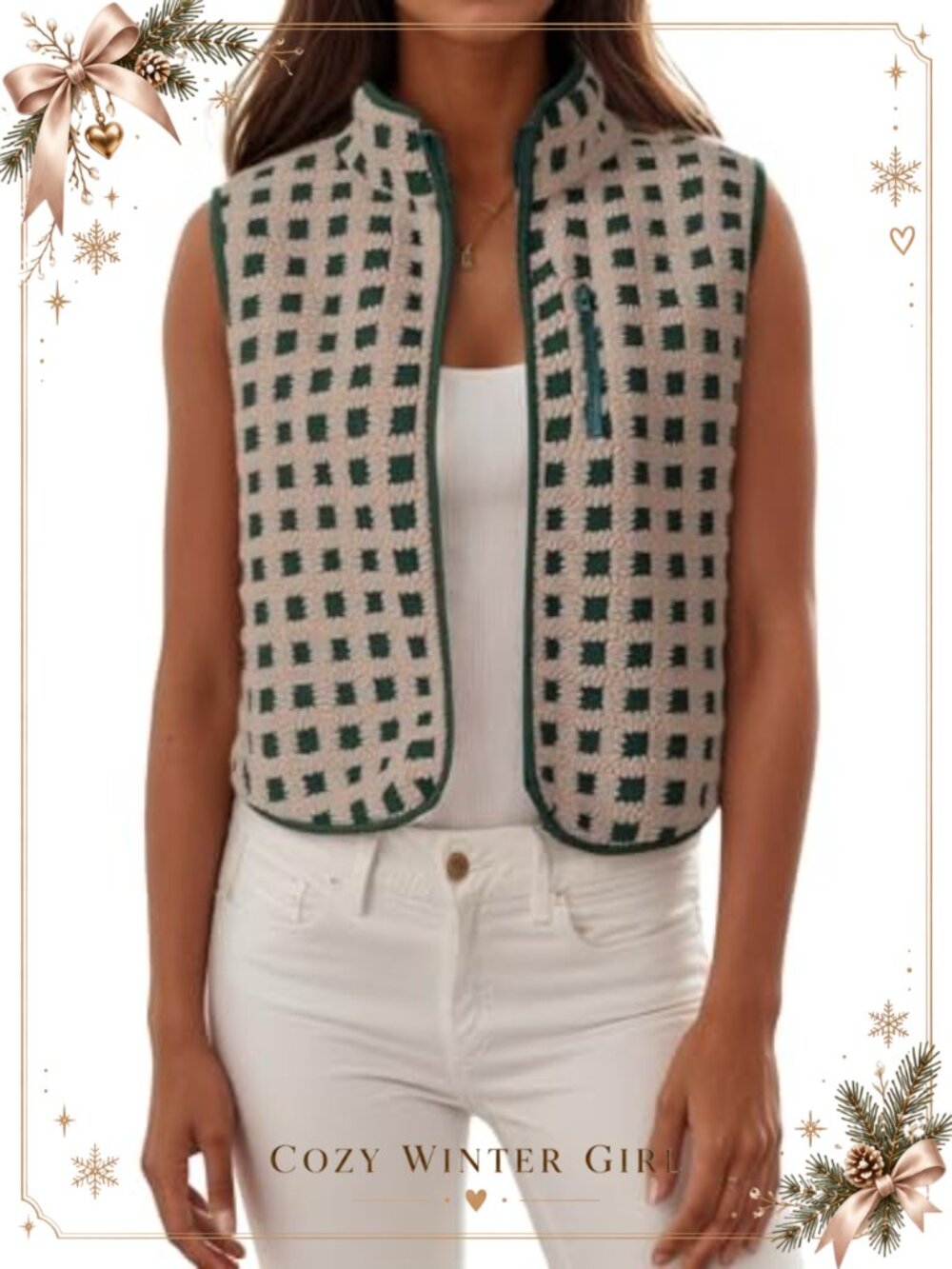 FEOYA Womens Checkered Sherpa Fleece Vest Zip Up Sleeveless Plaid Gilet